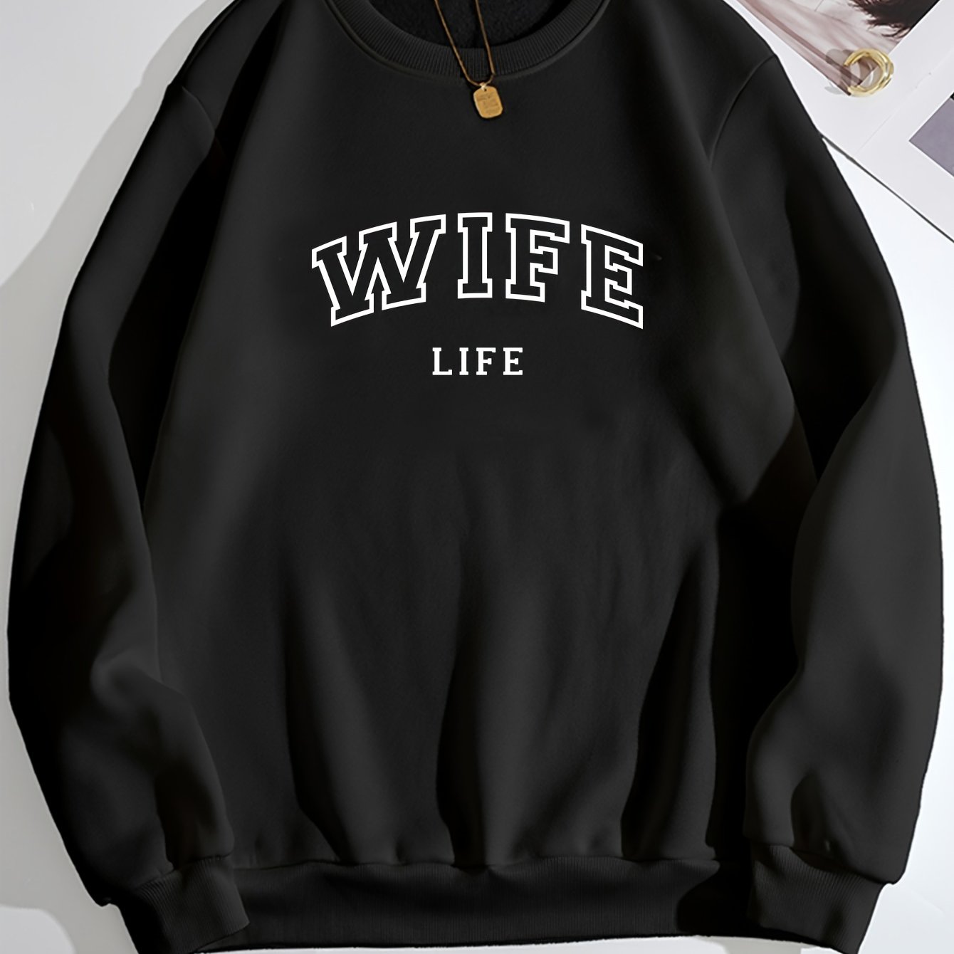 Wife Life Print Crew Neck Sweatshirt Casual Autumn Pullover