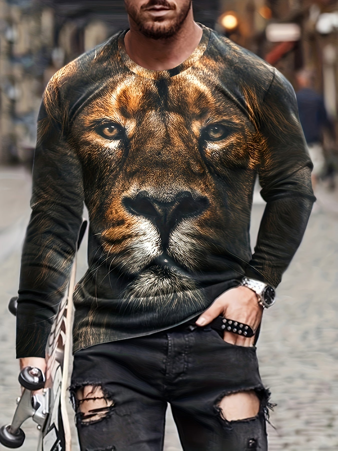 Men's 3D Lion Graphic Long Sleeve T shirt Stretch Breathable Pullover