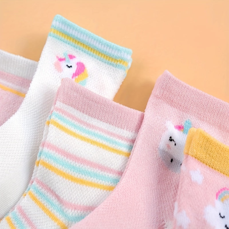 5 Pairs Princess Style Girls Socks, Rainbow Colorful Cloud Horses Mesh