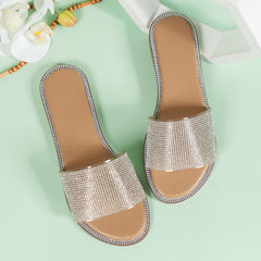 Women's Rhinestone Flat Slippers Glitter Open Toe Non slip Slides Shoes