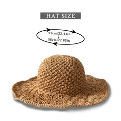 Wide Brim Crochet Sun Hat Hollow Breathable Straw Hat Women Travel Sunscreen