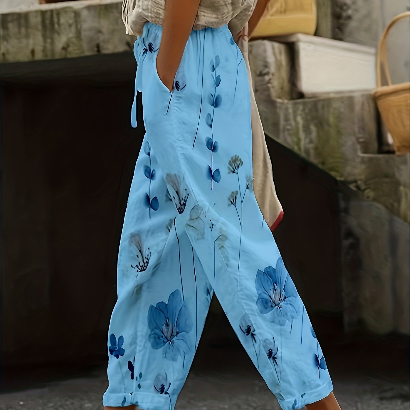 Floral Print Elastic Waist Pants with Pockets for Spring & Summer