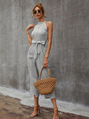 Striped Wide Leg Tie Front Jumpsuit for Women
