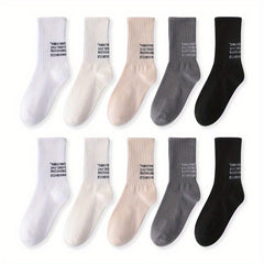 10 Pairs Letter Print Ribbed Socks, Comfy & Breathable Mid Tube Stockings