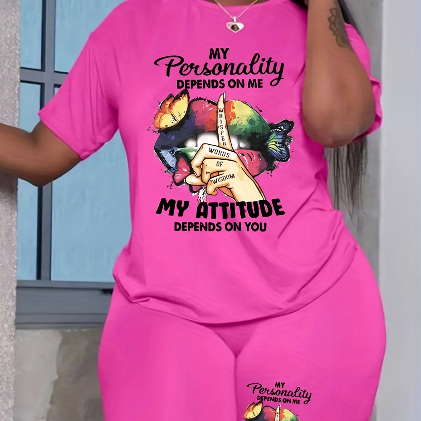 2 Piece Set Women's Plus Mouth & Letter Print Tee & Shorts Outfits
