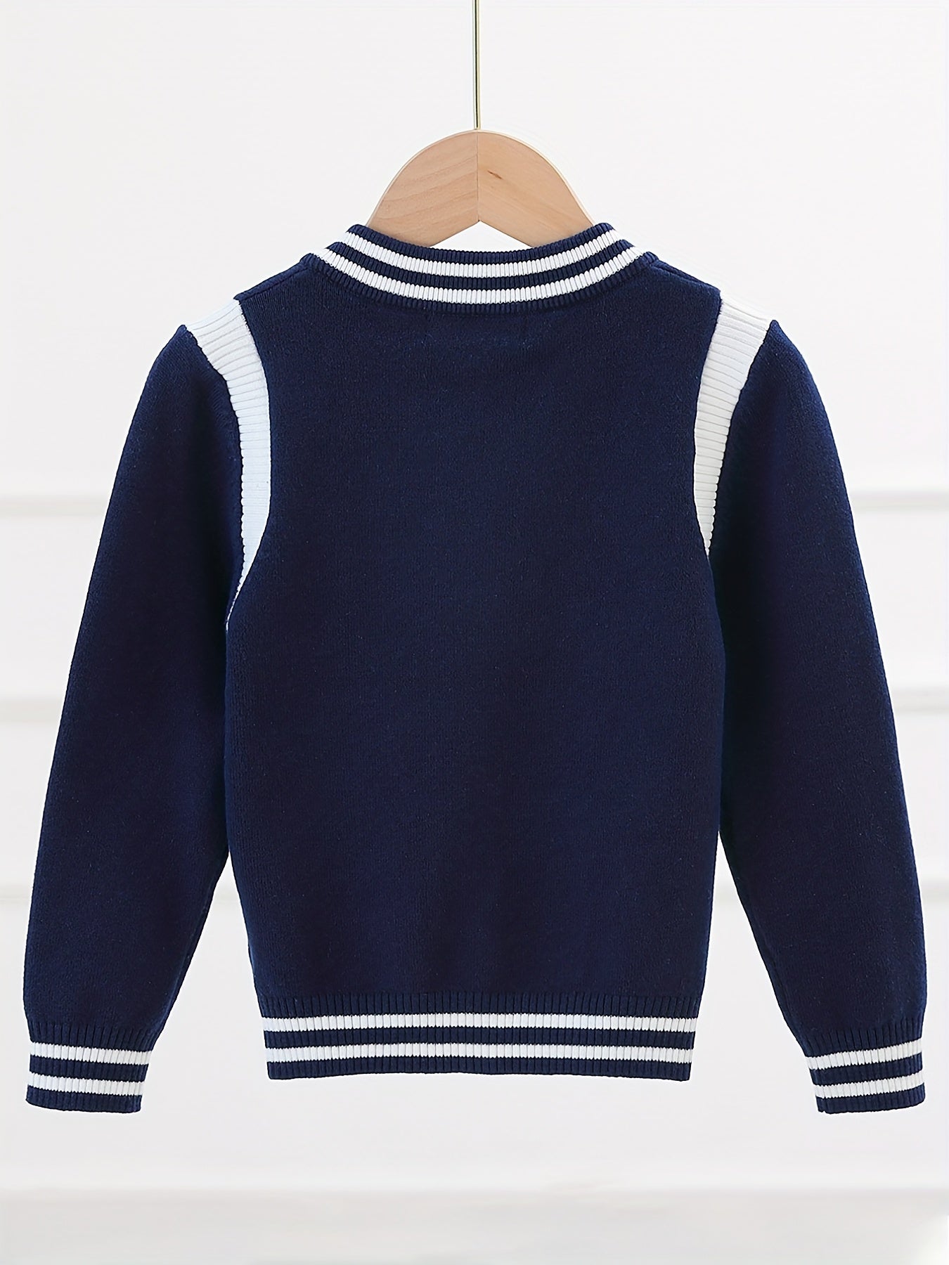 Boys Letter Embroidered Cardigan Sweater Crew Neck Tops