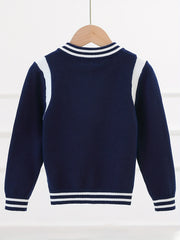Boys Letter Embroidered Cardigan Sweater Crew Neck Tops