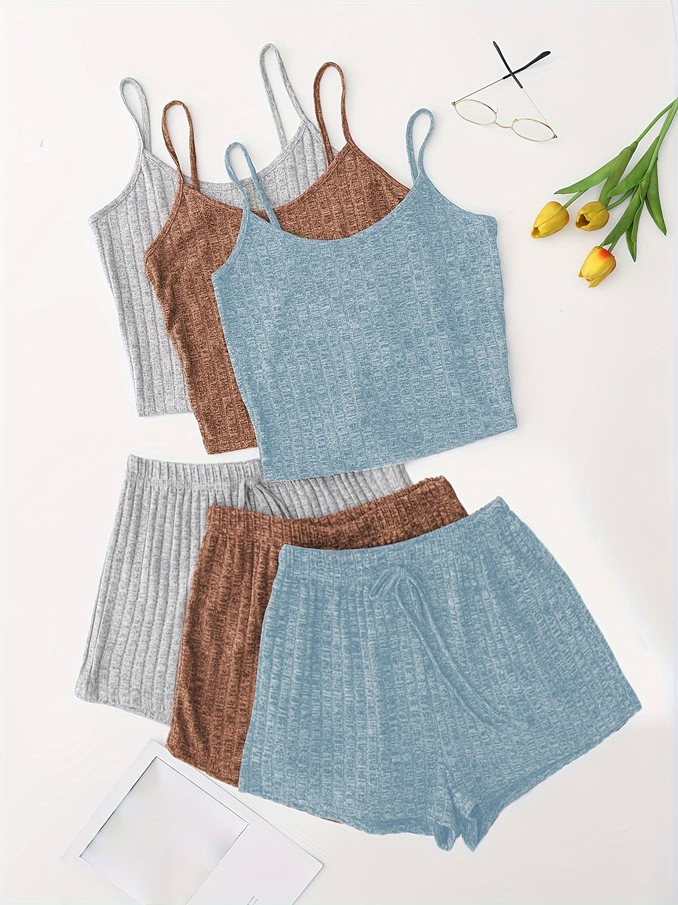 6 Pack Plus Size Basic Pajama Set Women's Plus Ribbed Knit Cami Top & Shorts