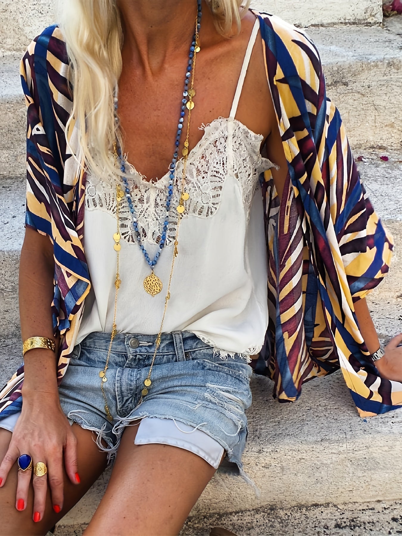 Leaf Print V Neck Cover Up Shirt Loose Fit Long Sleeves Non Stretch
