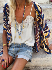 Leaf Print V Neck Cover Up Shirt Loose Fit Long Sleeves Non Stretch