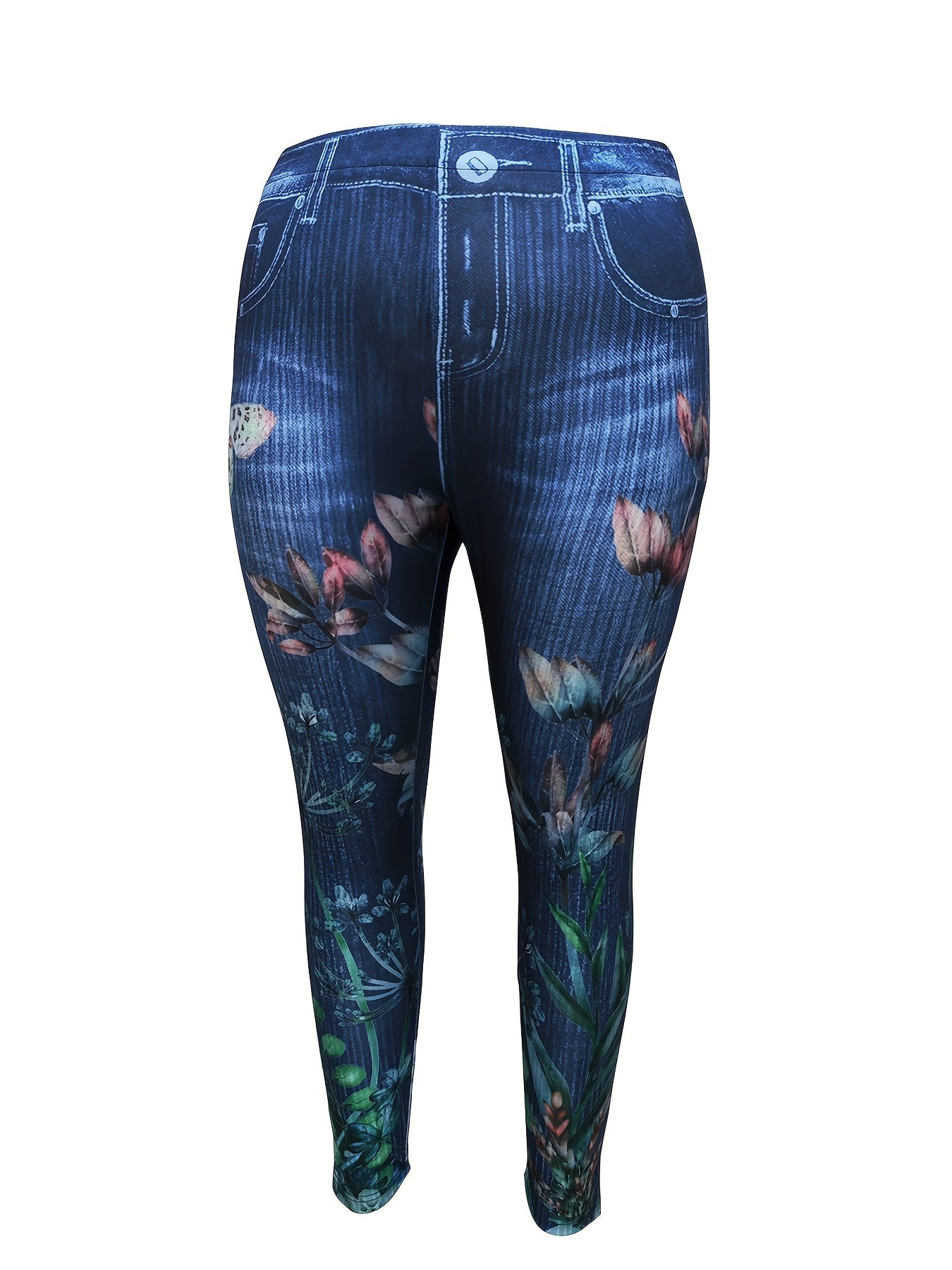 Women's Plus Floral Denim Print High Rise Leggings