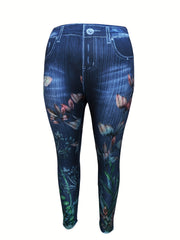 Women's Plus Floral Denim Print High Rise Leggings