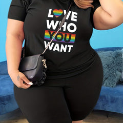 LGBT 2 Piece Set Women's Plus Slogan & Rainbow Stripe P