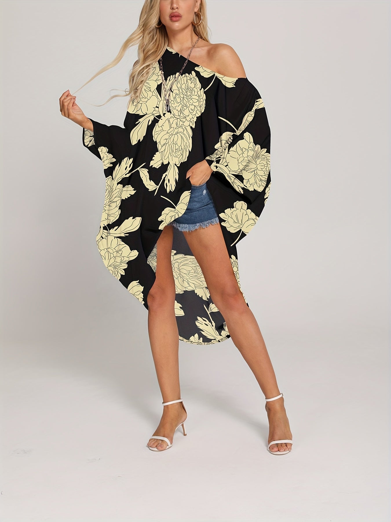 Floral Print Cover Up Dress One Shoulder Asymmetrical Beachwear Kaftan