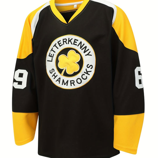 Men's 69 Embroidery Ice Hockey Jersey Vintage Stripe V Neck Long Sleeve Uniform