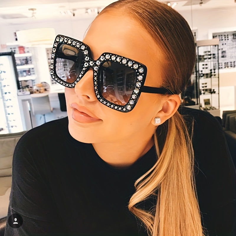 Oversized Square Sunglasses Rhinestone Gradient UV400
