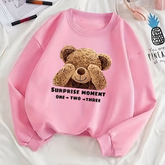Bear Print Crew Neck Pullover Sweatshirt for Women