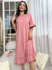 Polka Dot Ruffle NightDress Lace Trim Pajama Dress