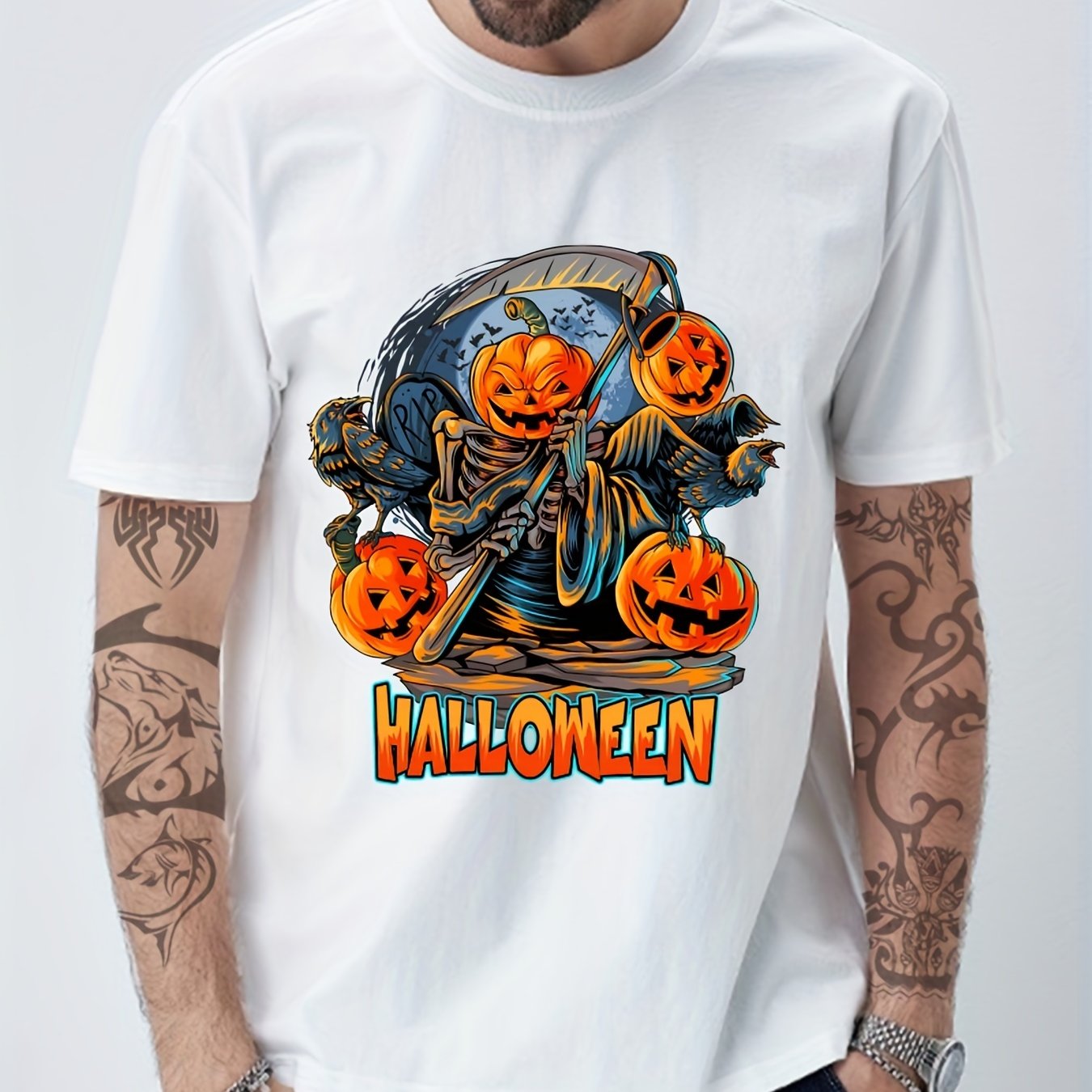 Pumpkin Print Men's Graphic Crew Neck T shirt Casual Comfy Tees