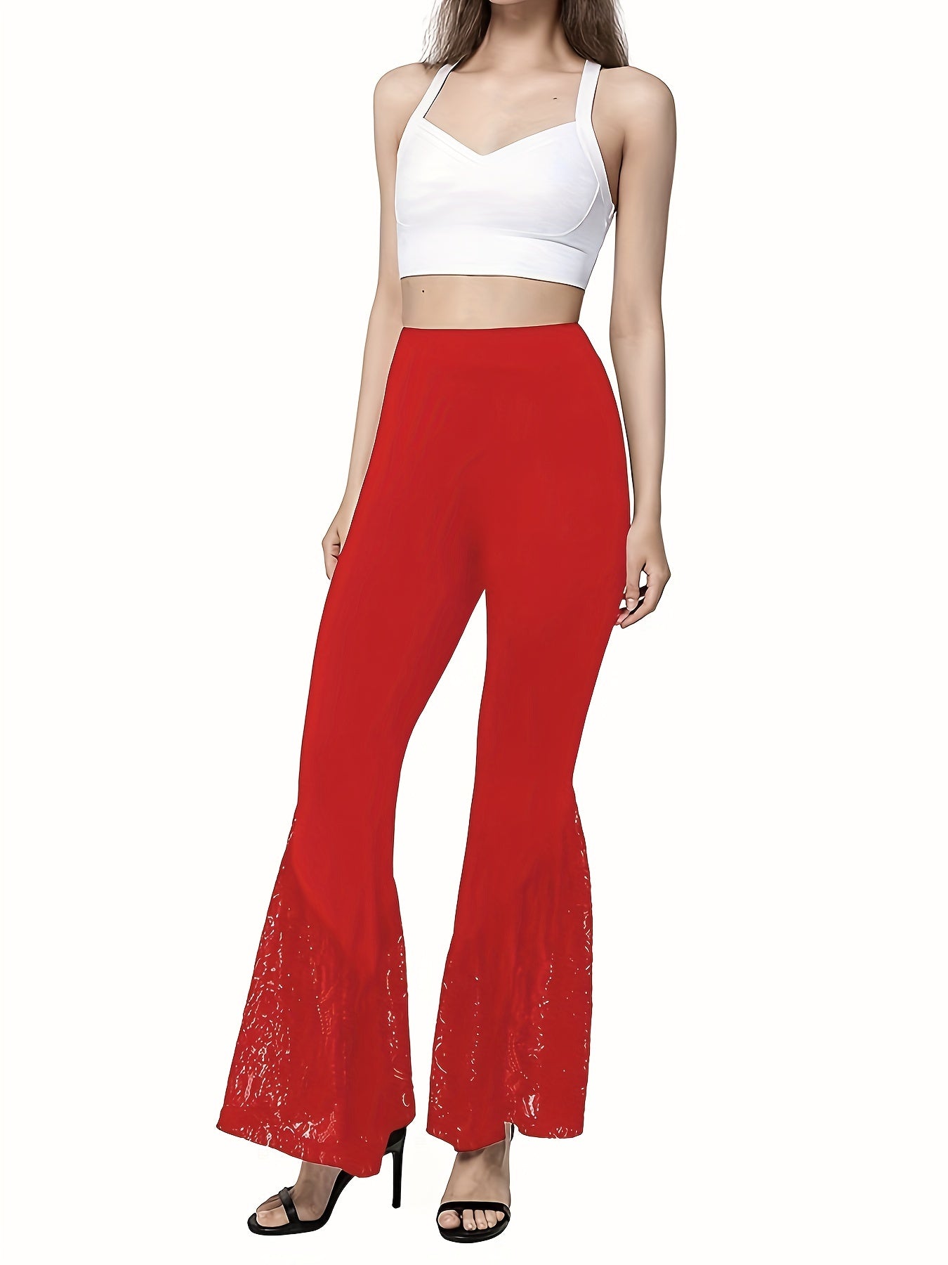 Lace Stitching Flared Leg Pants High Waist Solid Pants