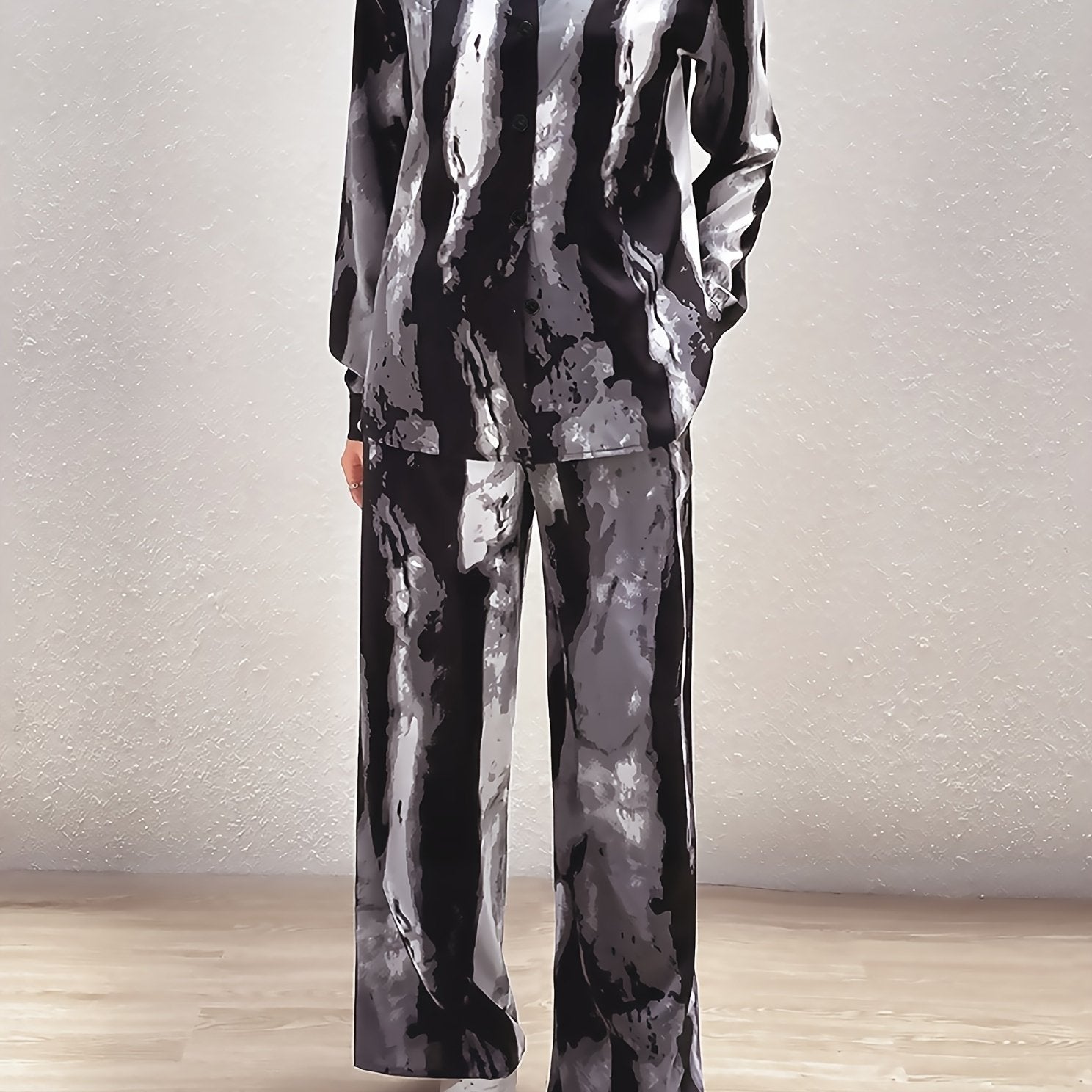 Plus Stripe Print Button Up Long Sleeve Blouse & Pants Set