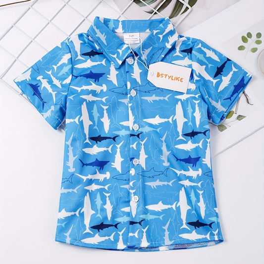 Shark Boys Casual V neck Button Up Shirts For Summer