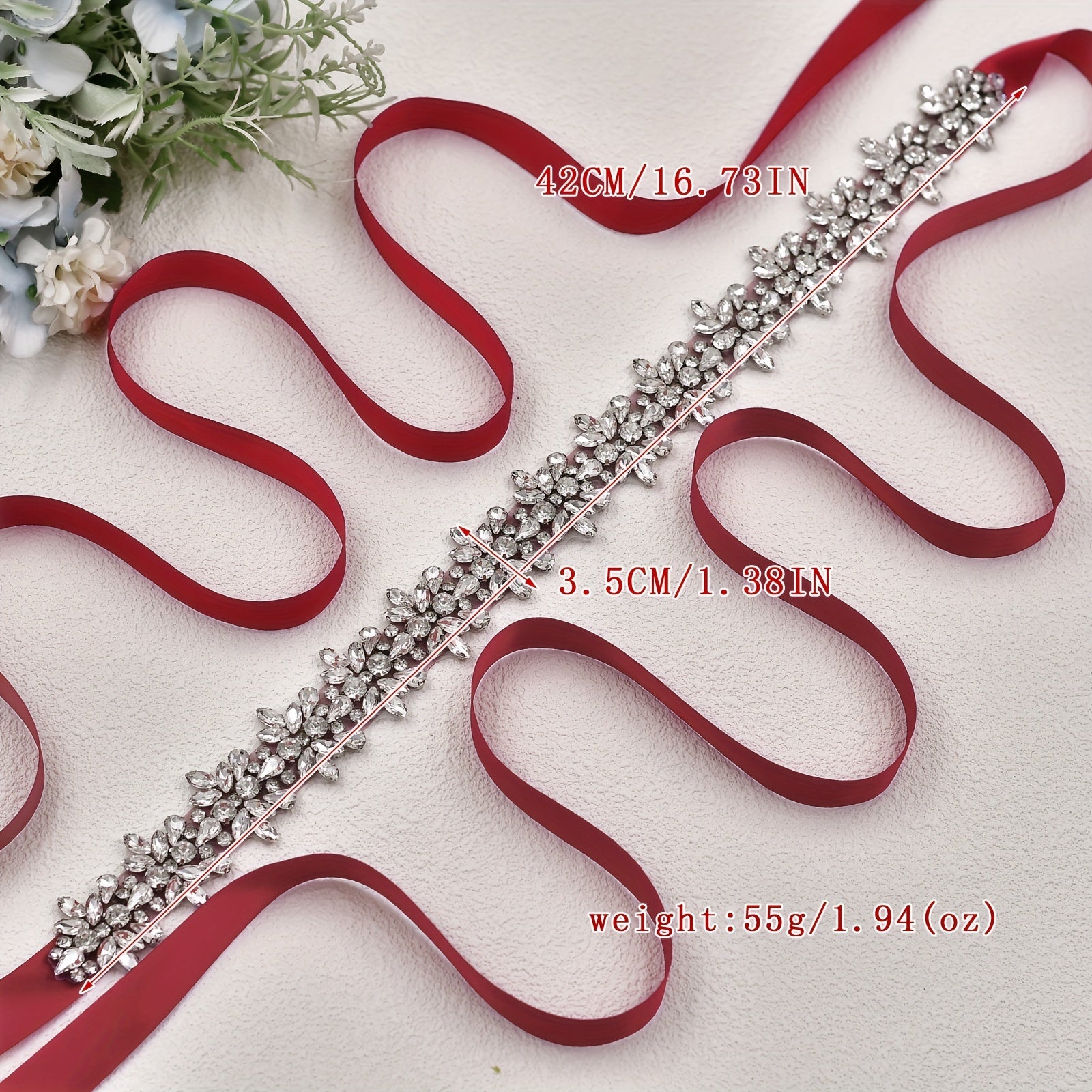 Rhinestone Bridal Sash Red Ribbon with Sparkling Floral
