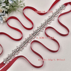 Rhinestone Bridal Sash Red Ribbon with Sparkling Floral