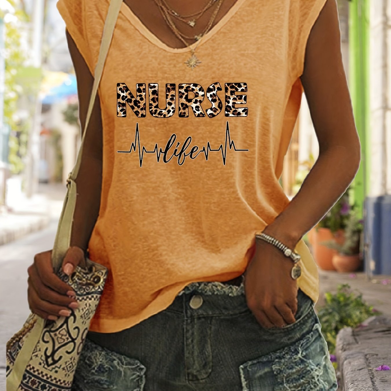 Nurse Life Print Tank Top V Neck Casual Top