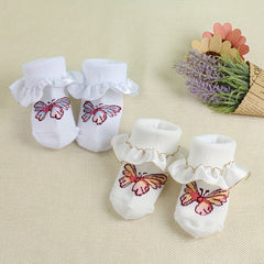 3 Pairs Baby Girl Dress Socks Butterfly Pattern Lace Ruffled Socks