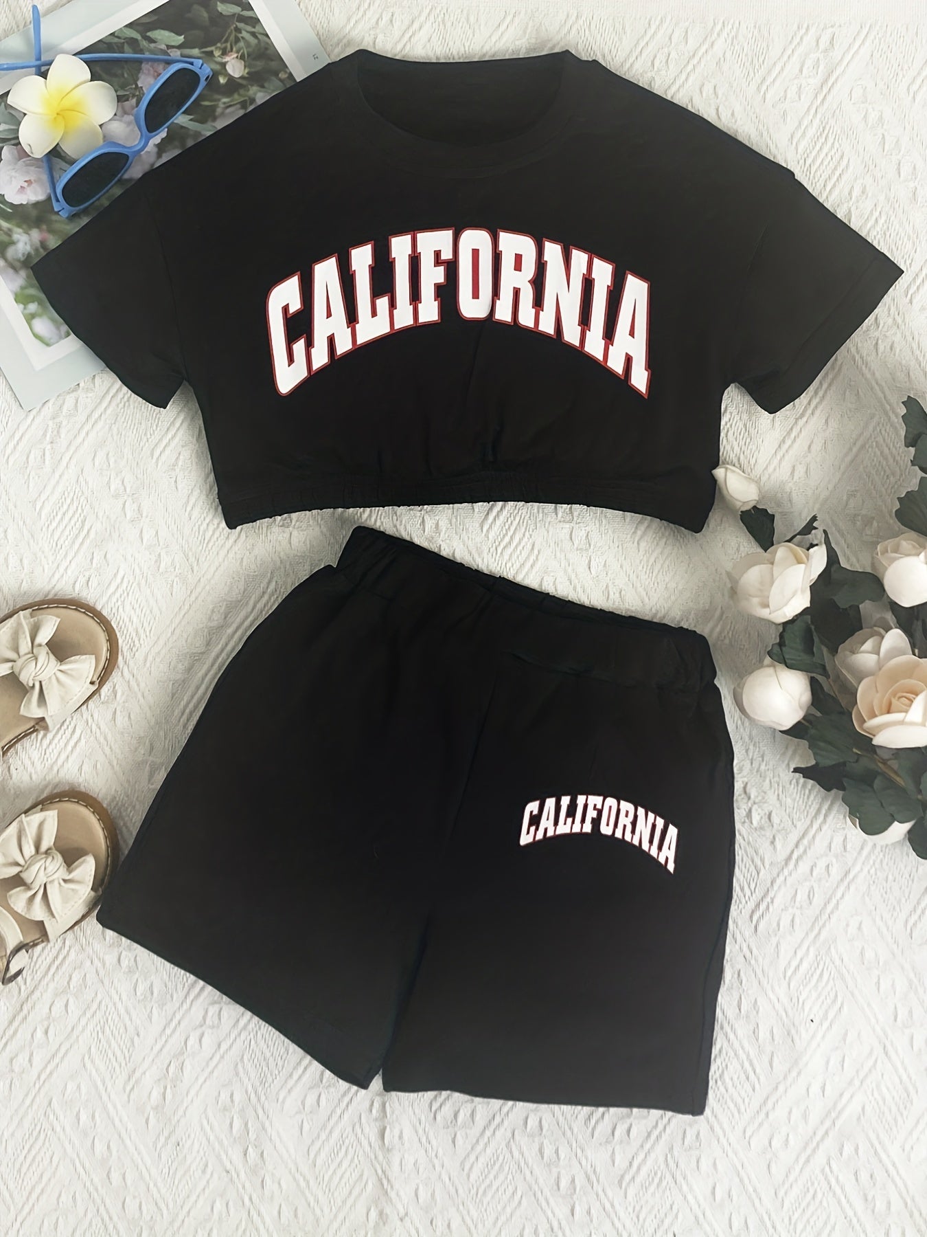 California Letter Print Two piece Set Short Sleeve Crop Top & Shorts Casual