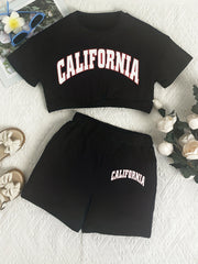 California Letter Print Two piece Set Short Sleeve Crop Top & Shorts Casual