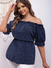 Dot Print Ruffle Trim Off Shoulder Peplum Top