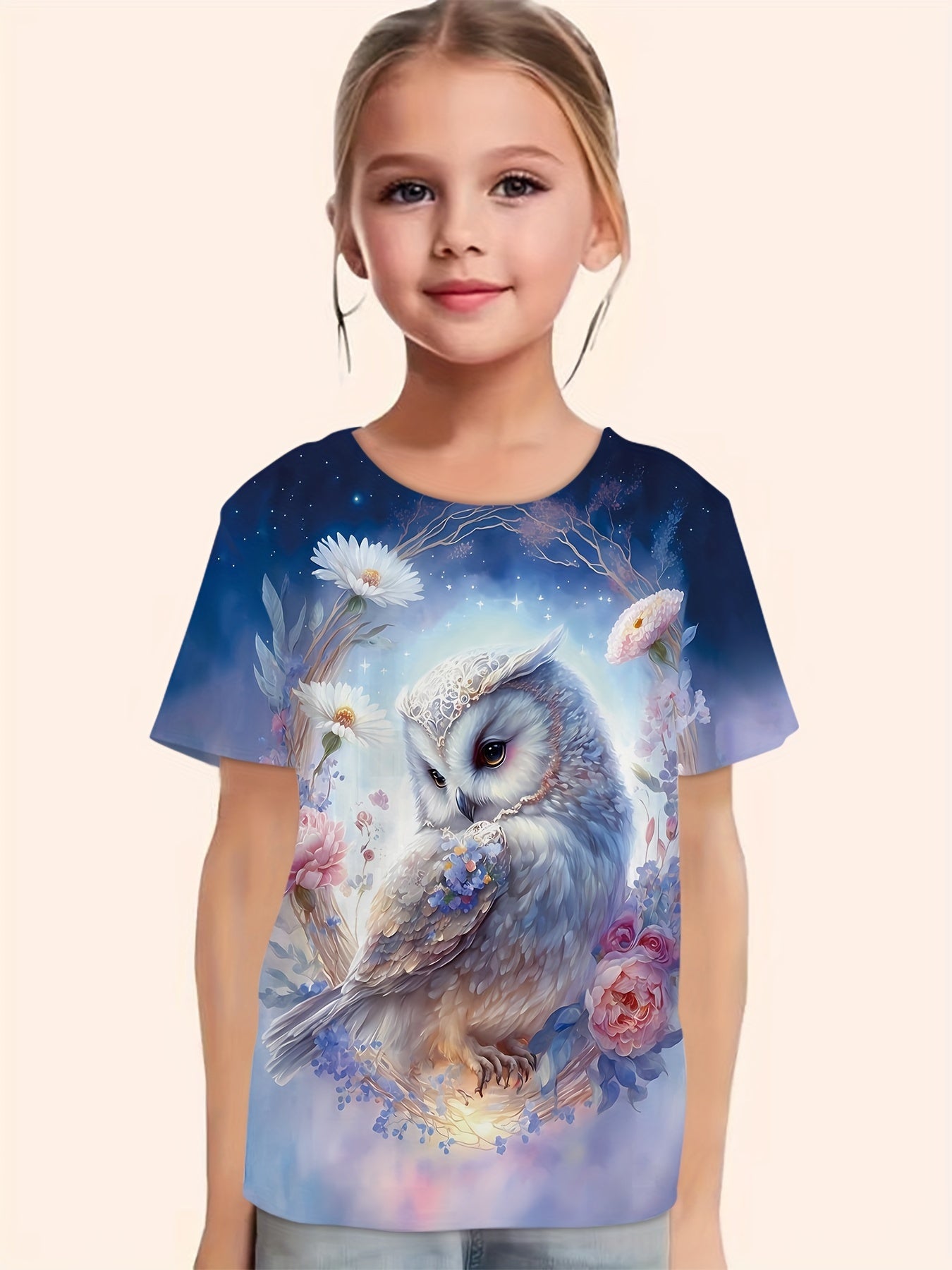 Girls Dreamy Owl & Flower Graphic Short Sleeve T shirt - Summer Clothes