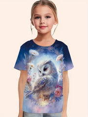 Girls Dreamy Owl & Flower Graphic Short Sleeve T shirt - Summer Clothes