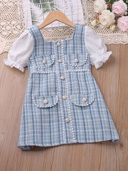 Girls Pearl Button Plaid Patchwork Princess Dress