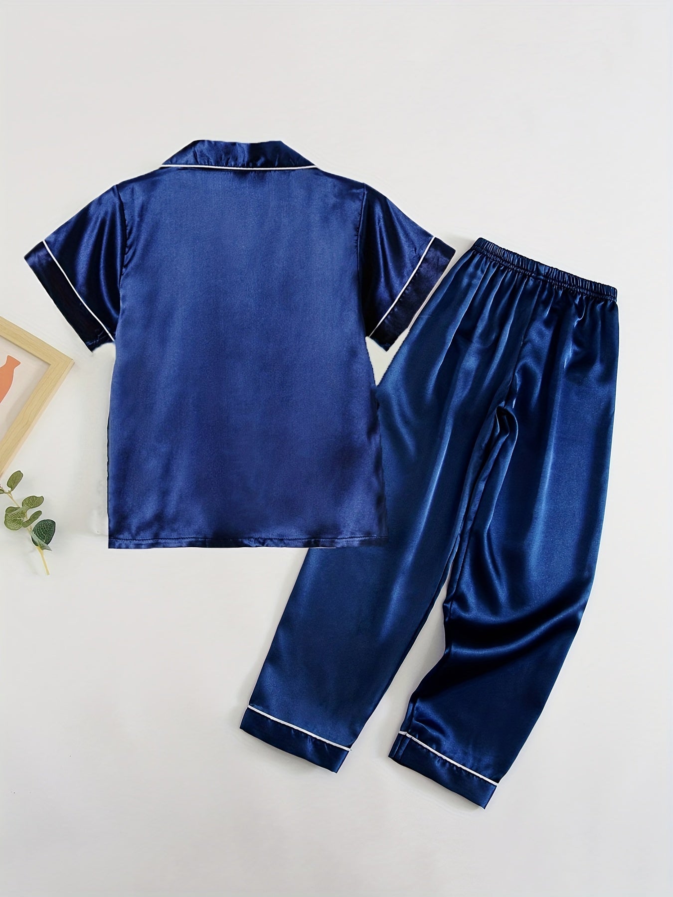 Kid's 2pcs Short Sleeve Pajama Set Solid Button Front Loungewear