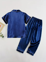 Kid's 2pcs Short Sleeve Pajama Set Solid Button Front Loungewear