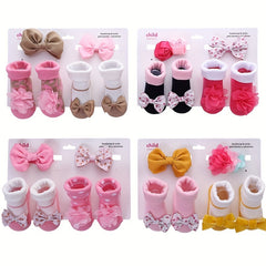 4pcs Baby Girls Princess Bow Striped Cotton Flip Socks & Flower Headband Set