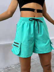 Casual Loose Drawstring Waist Shorts with Flap Pockets for Women