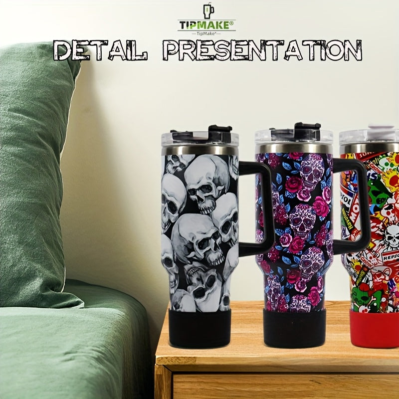 40oz Skull Print Water Bottle Insulated Leak Proof Sports Cup with Handle