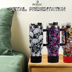 40oz Skull Print Water Bottle Insulated Leak Proof Sports Cup with Handle