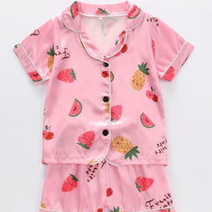 2pc Kid's Fruit Pattern Satin Pajamas Set Comfy PJ Girl's Loungewear