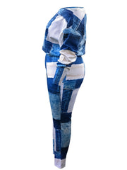 Denim Print One Shoulder Top & Leggings Set