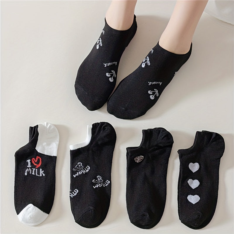 5 Pairs Heart Print Low Cut Ankle Socks Women's Stockings