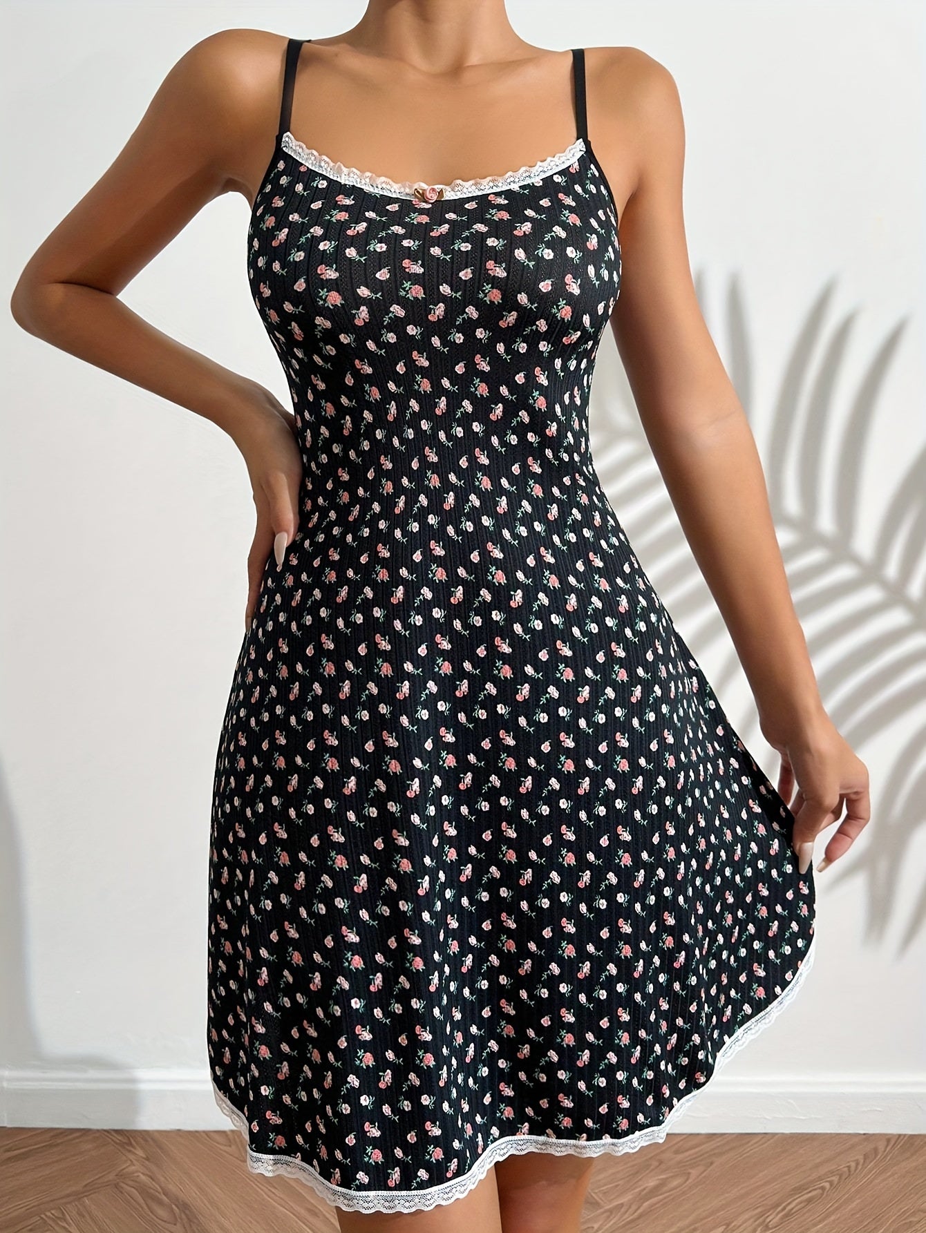Floral Print Slip Nightdress Crew Neck Lace Trim Sleep Dress