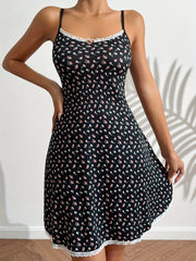 Floral Print Slip Nightdress Crew Neck Lace Trim Sleep Dress