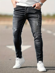 Slim Fit Tapered Jeans Mens Casual Street Style Distressed Denim Pants