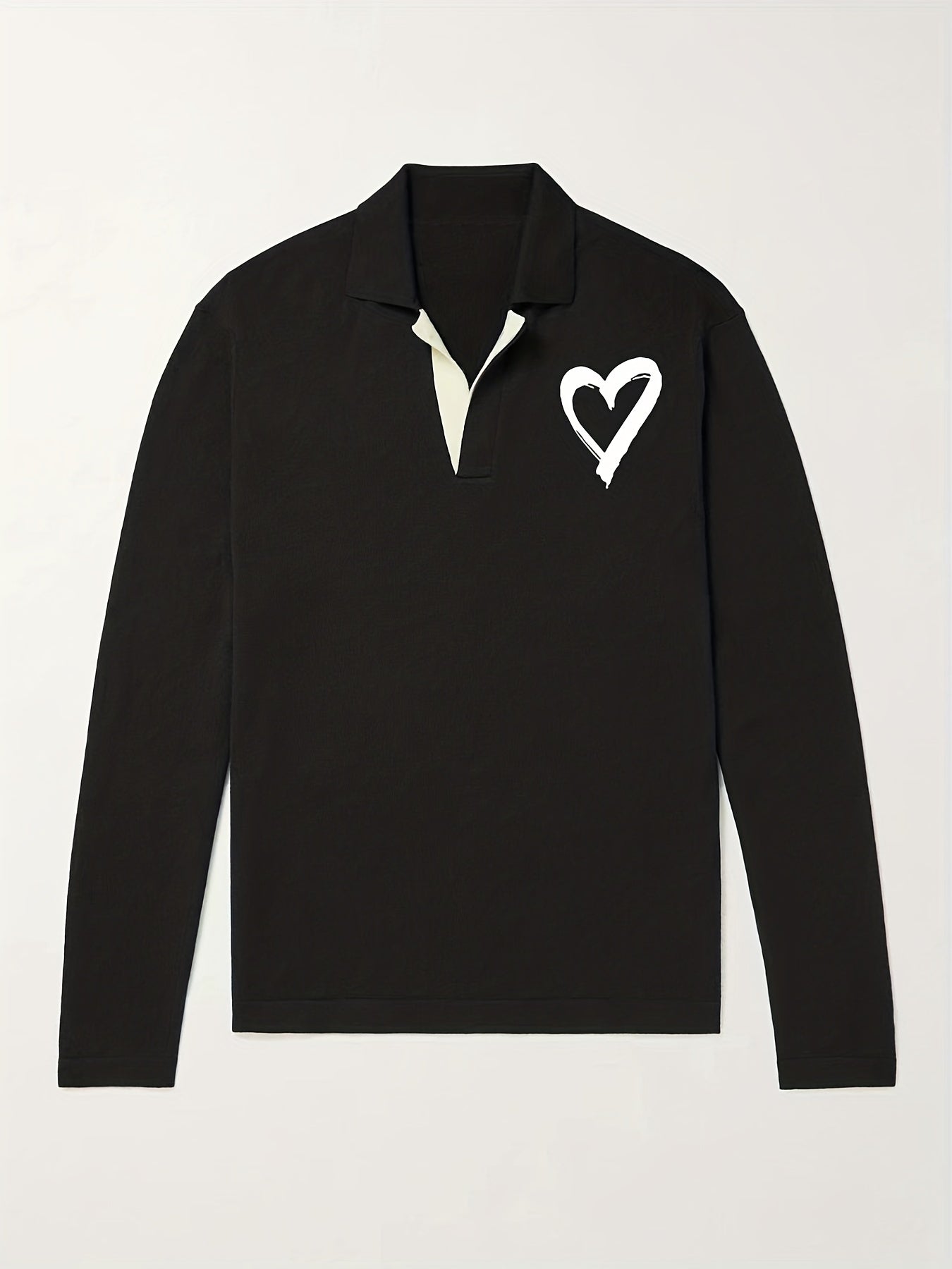 Heart Pattern Knit Polo Shirt Men's Casual Lapel Middle Stretch V Neck Pullover