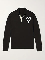 Heart Pattern Knit Polo Shirt Men's Casual Lapel Middle Stretch V Neck Pullover